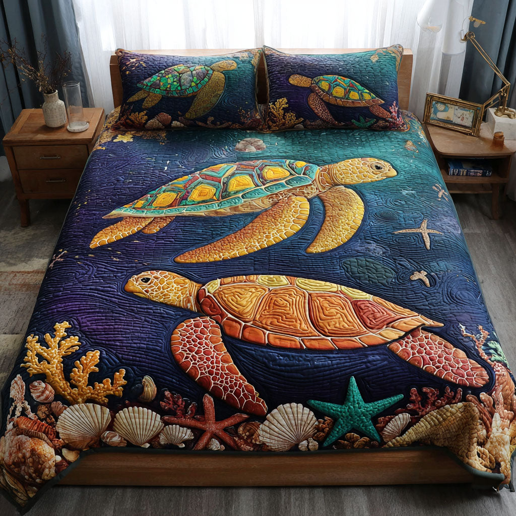 The Shelly Shore Quilted Bedding Set Cozy Bedroom Decor Sea Turtle Gifts For Mom