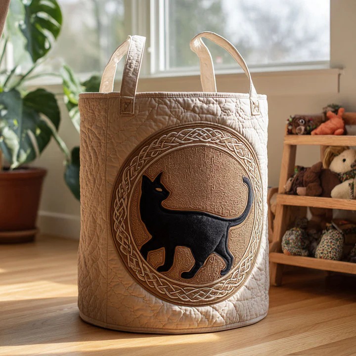 The Spellbound Cat Quilted Laundry Basket Witch Magic Boho Cat Home Decor Gift For Cat Lovers