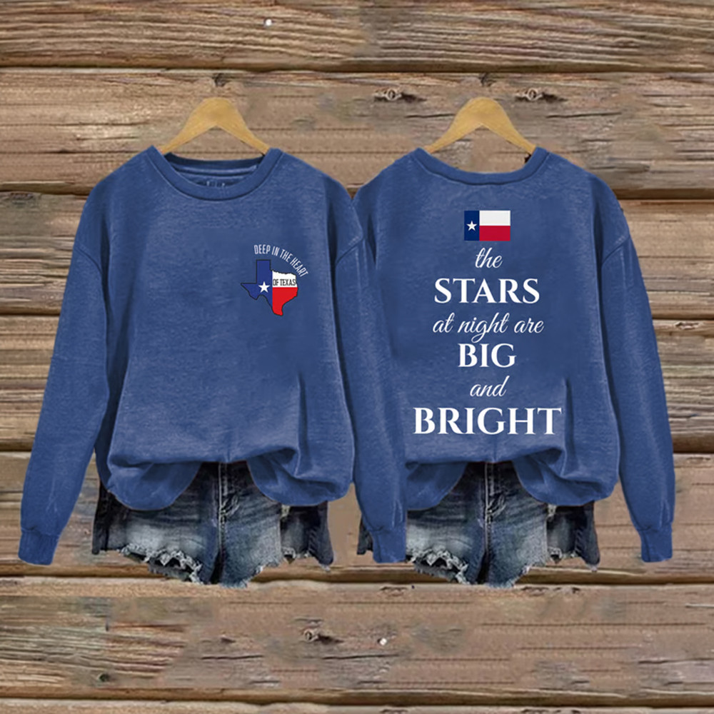 The Stars At Night Are Big And Bright Print Sweatshirt Vintage Texas Pride Graphic Patriotic Apparel