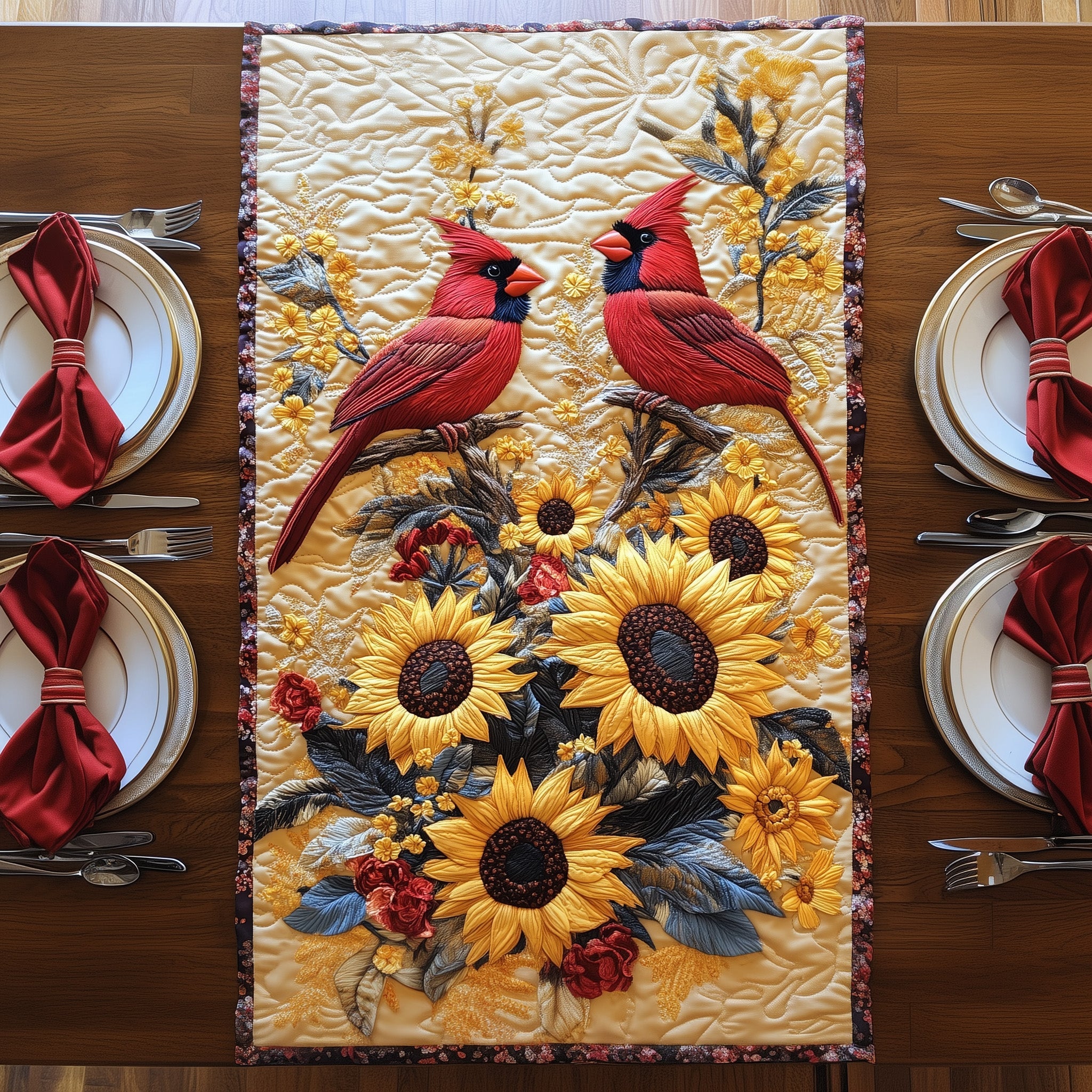 The Sunflower Perch Quilted Table Runner Festive Holiday Table Runner Decor