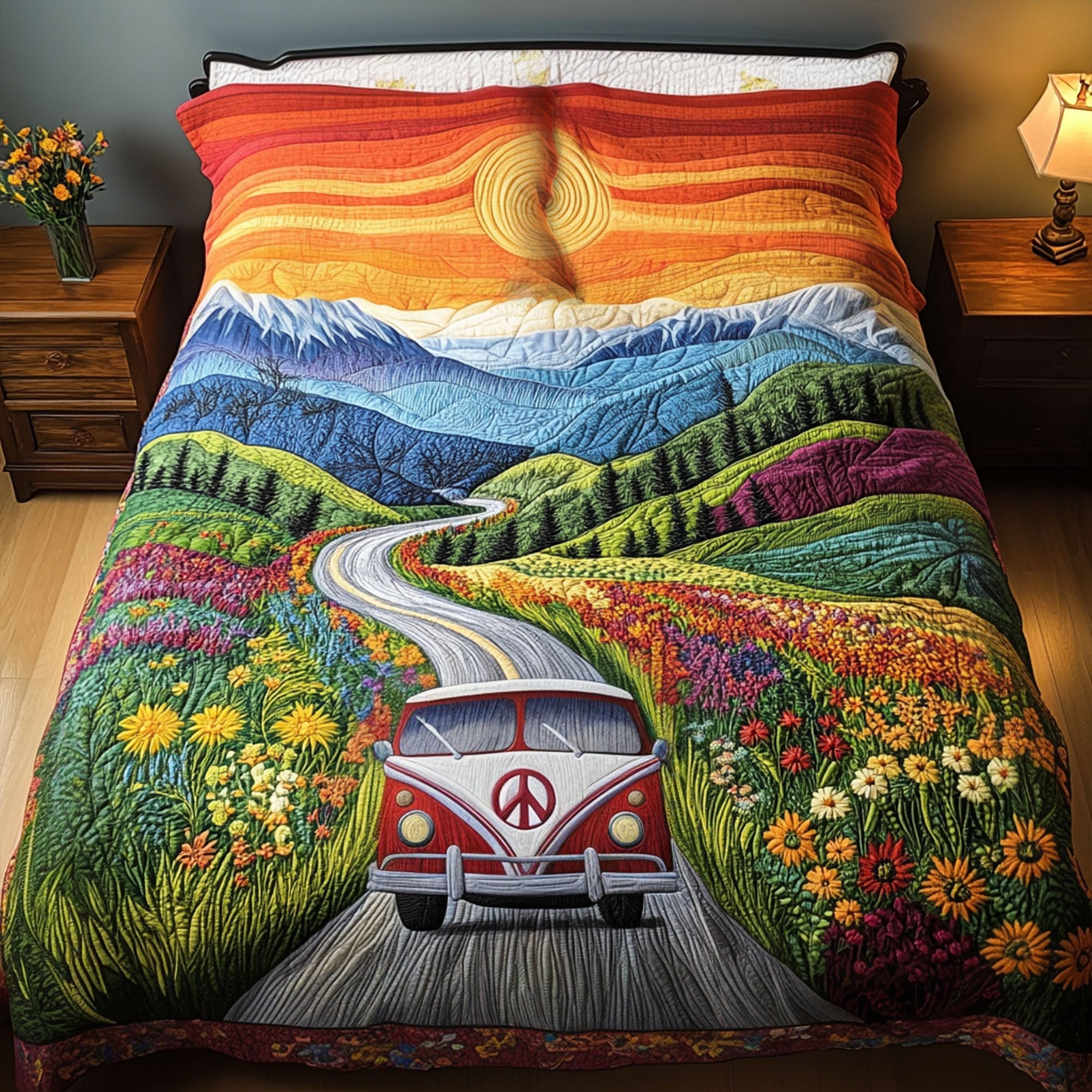 The Sunset Ride Quilted Bedding Set Best Bed Sheet Set Gifts For Hippie Friends