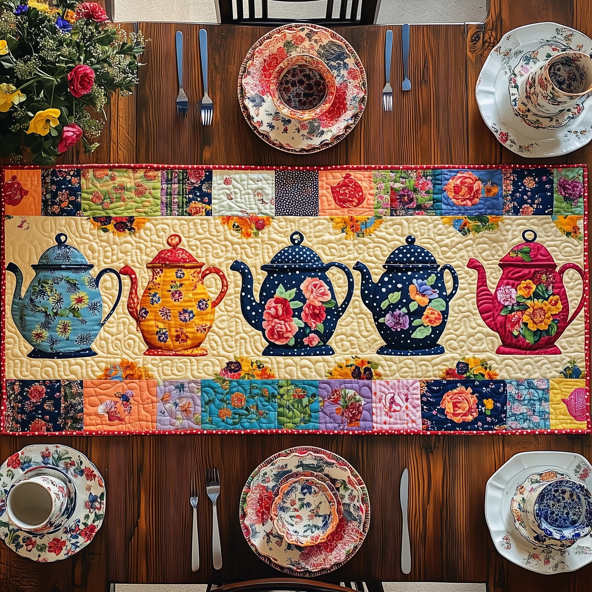 The Teapot Parade Quilted Table Runner Cozy Christmas Table Runner
