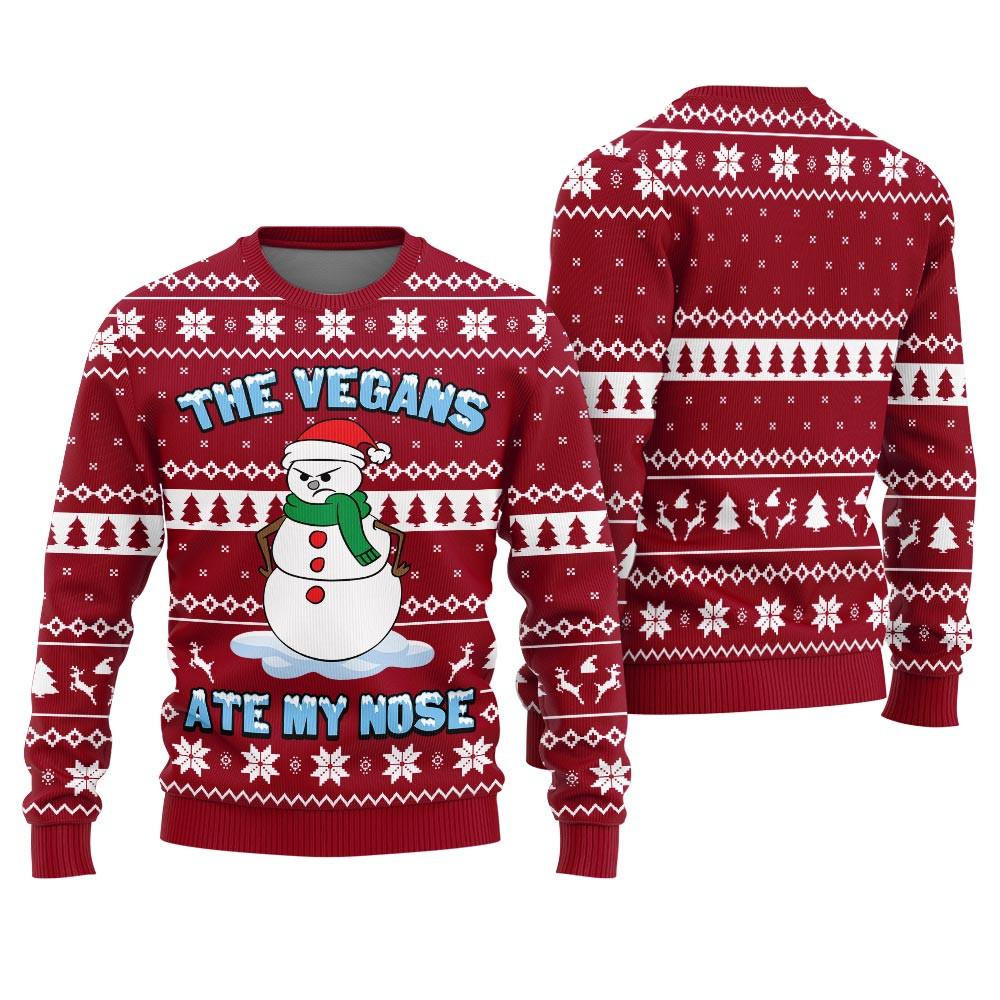 The Vegans Eat My Nose Snowman Christmas Ugly Sweater Womens Cozy Christmas Sweater for Holiday Season