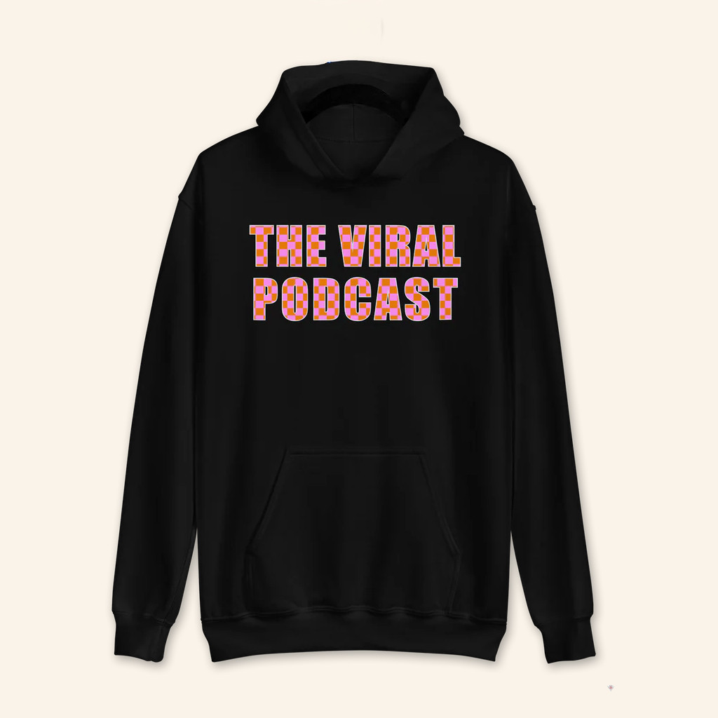 The Viral Podcast Merch Pink Orange Checkered Lettering Hoodie Gifts For Girlfriend