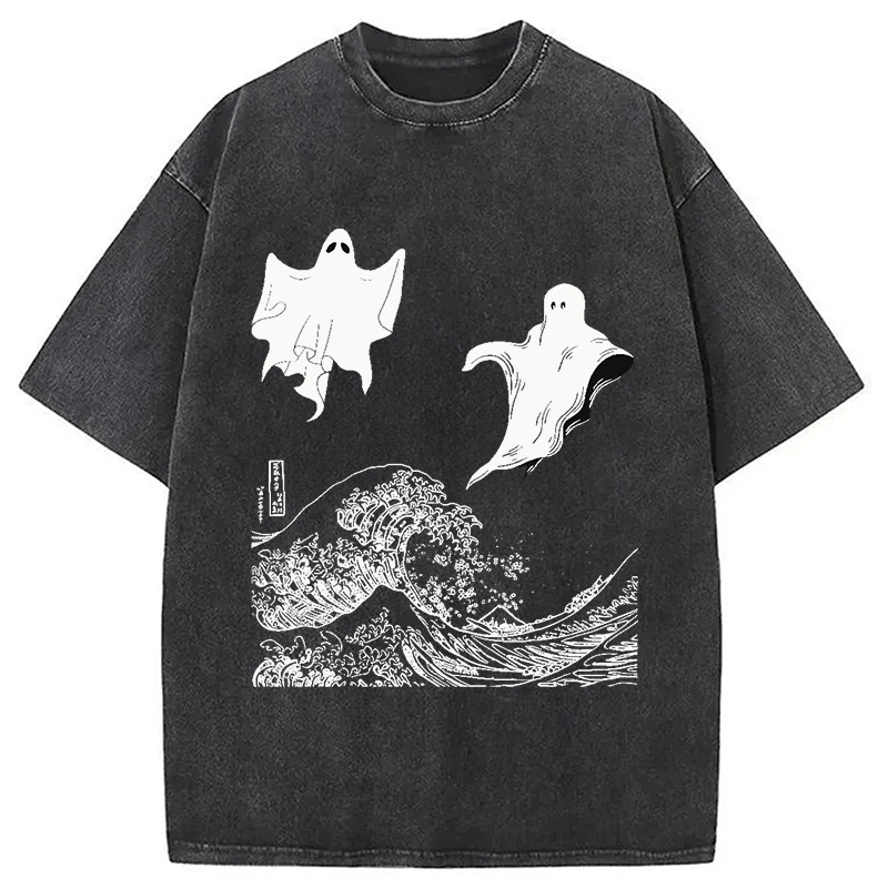 The Wave and Ghosts Washed T-Shirt Cool Graphic Tee For Men Women Gifts For Him