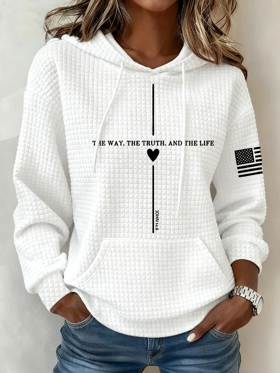 The Way And The Truth And The Life Waffle Hoodie Women's USA Flag Faith Clothes Gift For Her