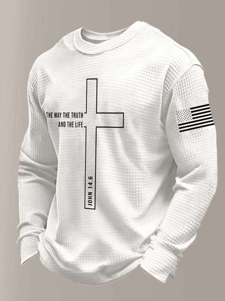 The Way The Truth And The Life Cross Waffle Long Sleeve Shirt USA Flag Faith Clothes Gift For Him