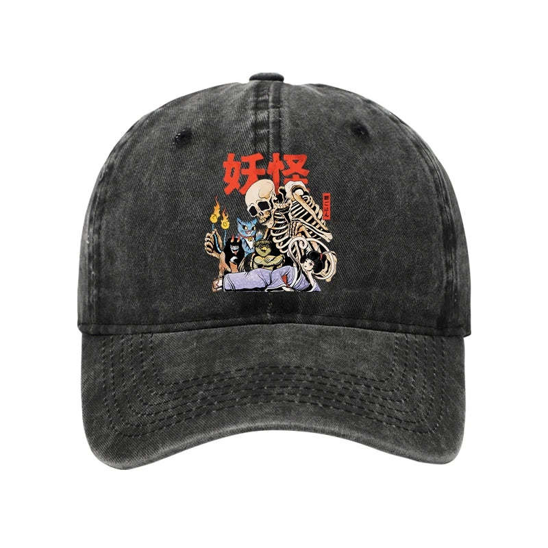 The Yokai Club Washed Hat Skeleton Pattern Stylish Hat Best Yokai Gifts