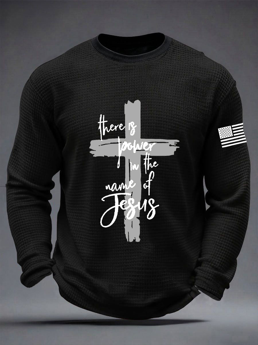 There Is Power In The Name Of Jesus Waffle Long Sleeve Shirt USA Flag Faith Shirt Gift For Men