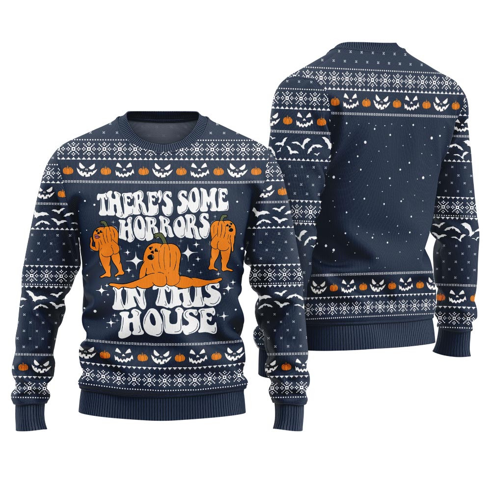 Theres Some Horrors In This House Halloween Ugly Sweater Navy Perfect Winter Merch Gift for the Holiday Spirit