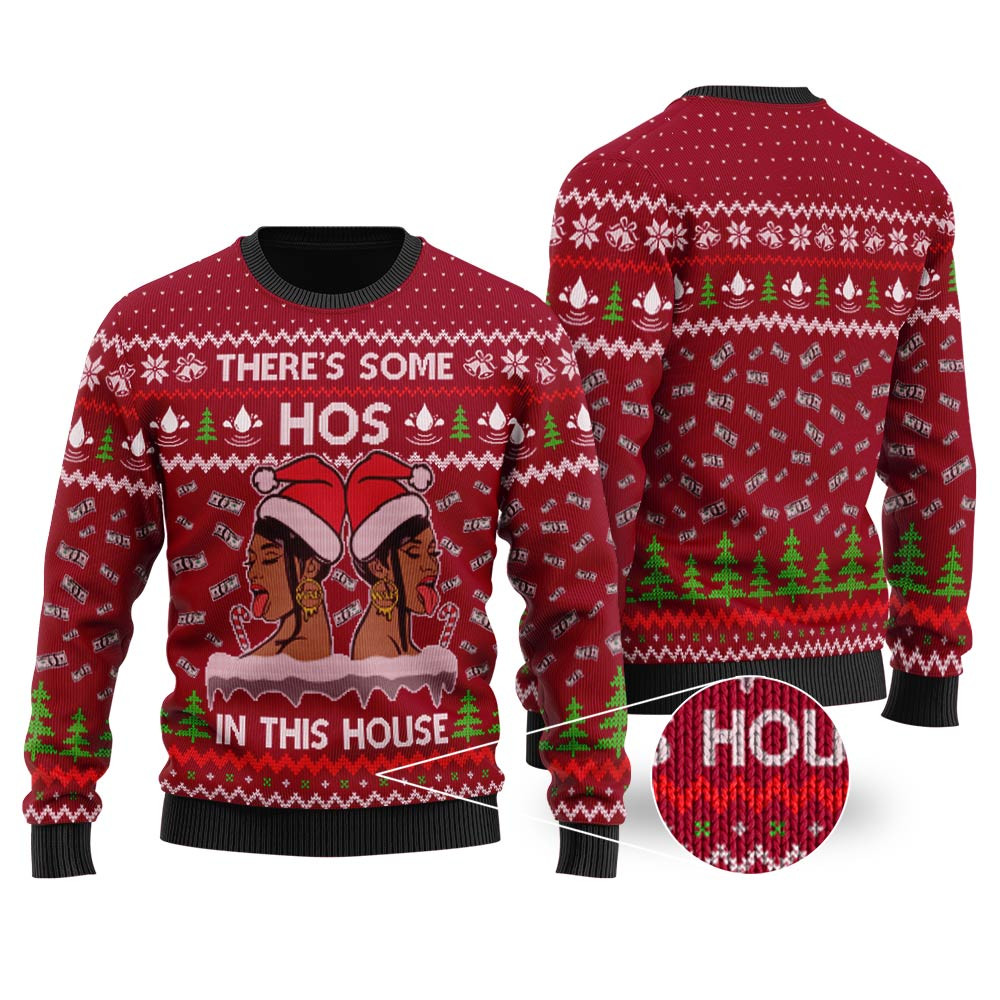 Theres Some Hos In This House Christmas Sweater Cardinal Red Lovely Merch Gift for Cozy Winter Nights