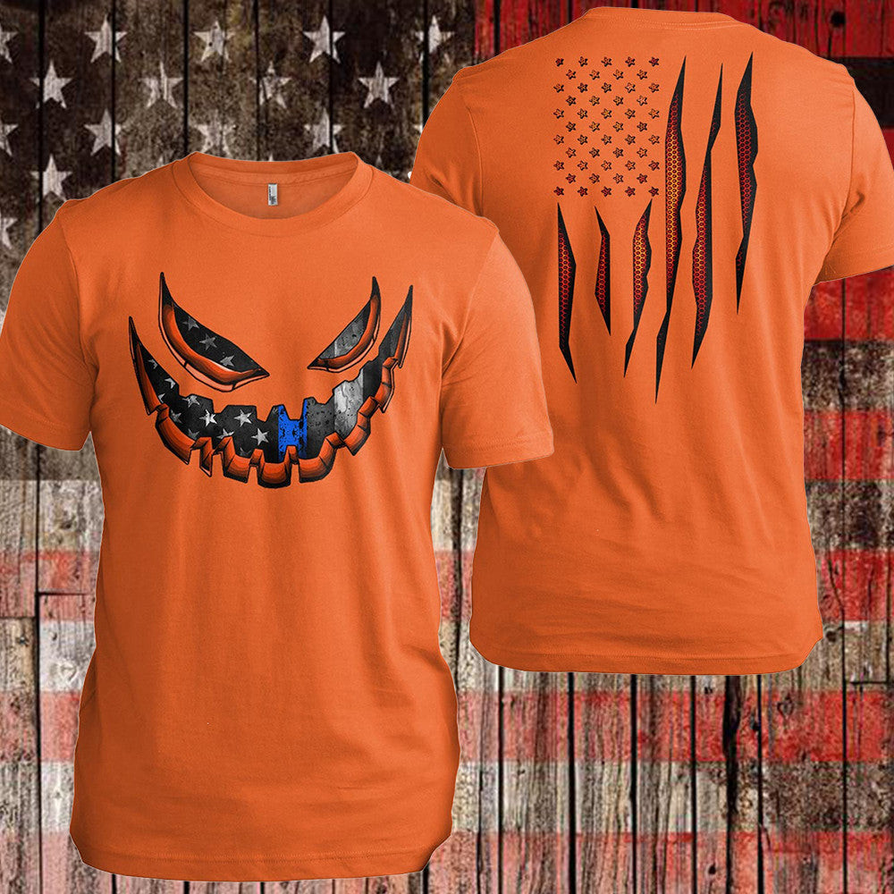 Thin Blue Line Pumpkin T-Shirt Jack O Lantern Patriotic Shirt Halloween Gifts For Police