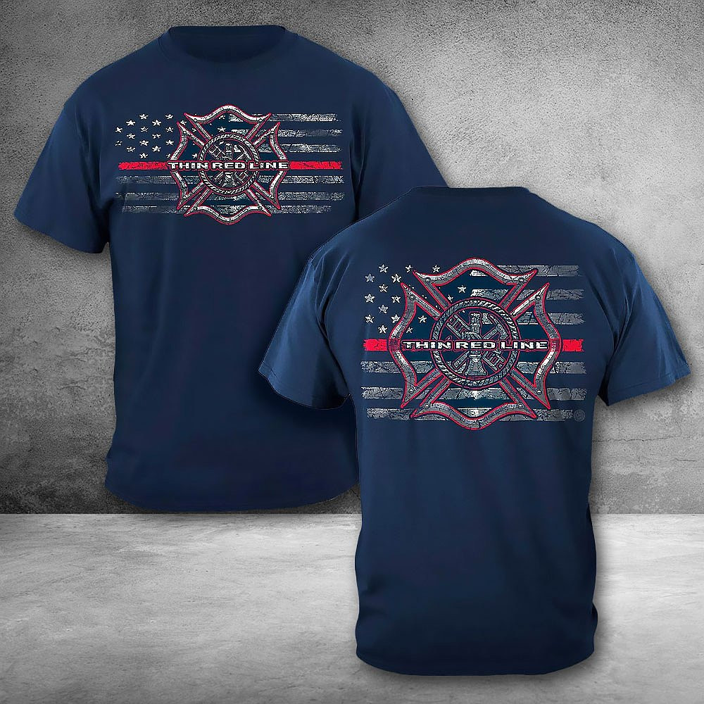 Thin Red Line Firefighter Navy T-Shirt Proud Firefighter Patriotic Tees Dad Gifts