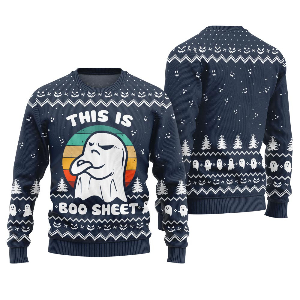 This Is Boo Sheet Spooky Halloween Sweater Navy Funny Holiday Sweater for Family Gatherings