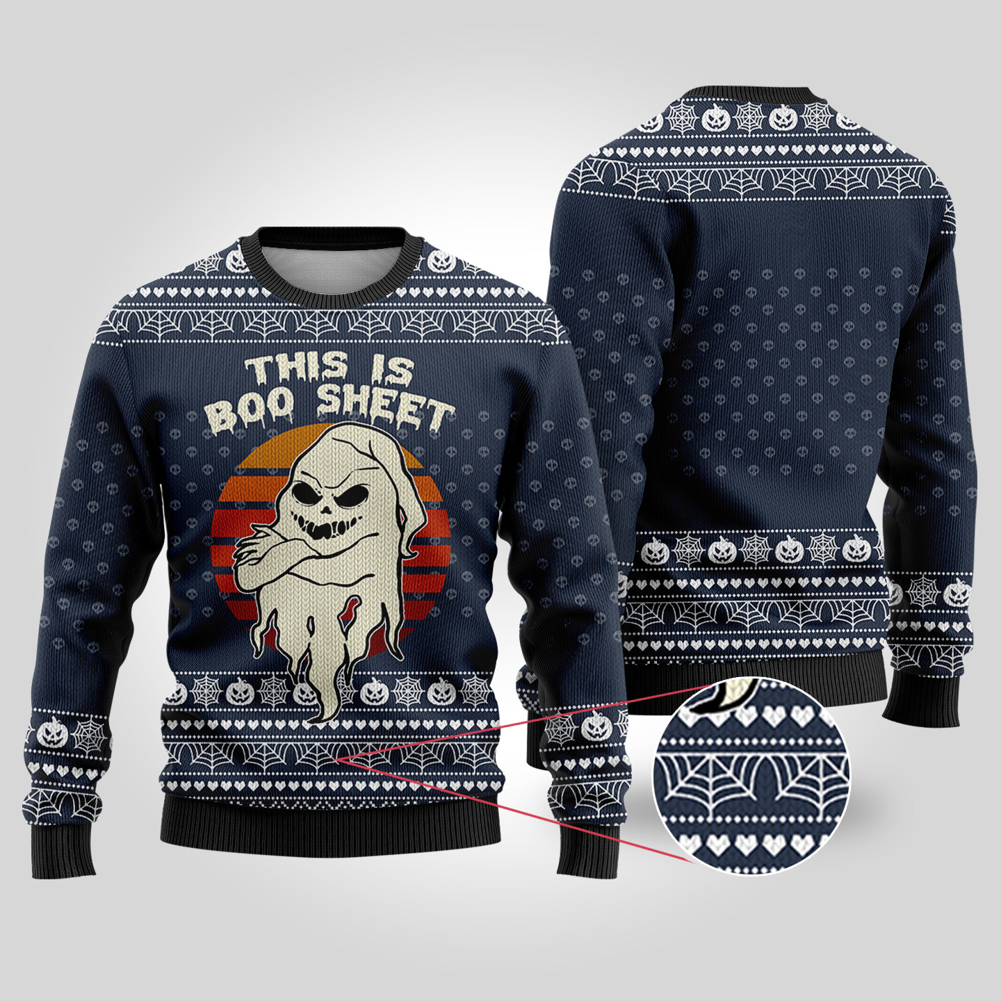 This Is Boo Sheet Ugly Halloween Sweater Navy Best Gift Idea for Christmas Enthusiasts