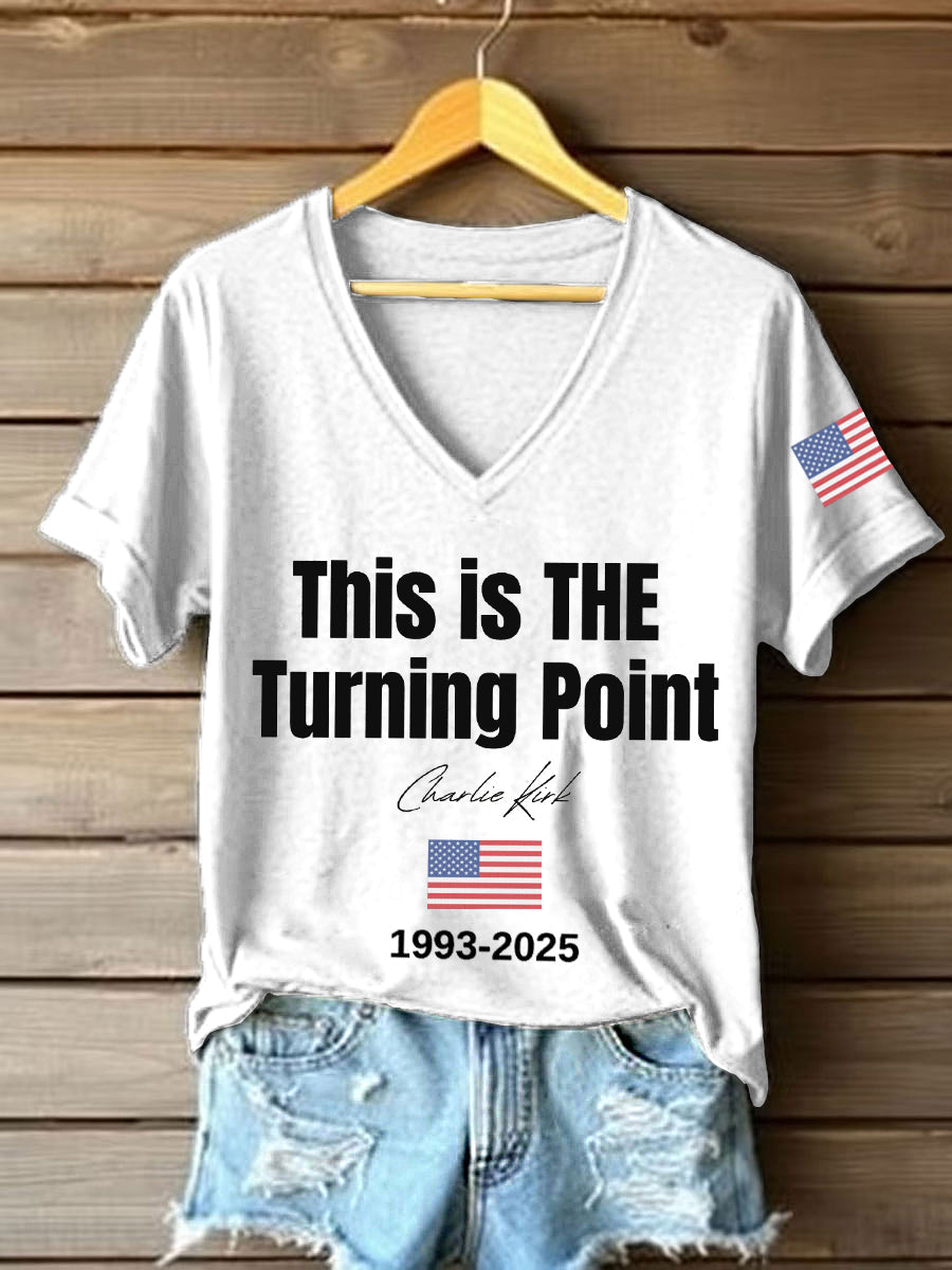 This Is The Turning Point Print V Neck T Shirt White Charlie Kirk 47 Clothing