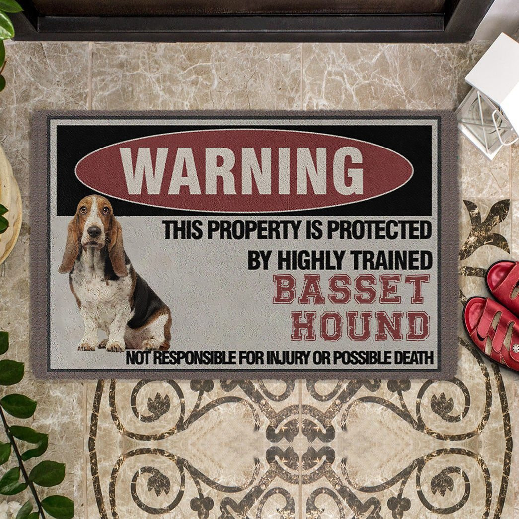 This Property Is Protected By Highly Trained Basset Hound Doormat Family Christmas Presents