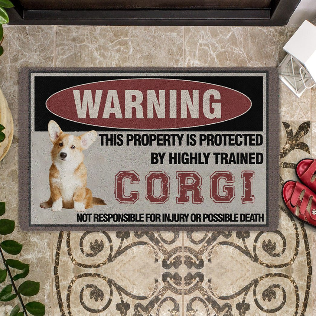 This Property Is Protected By Highly Trained Corgi Doormat Pet Door Mat Cute Corgi Gifts