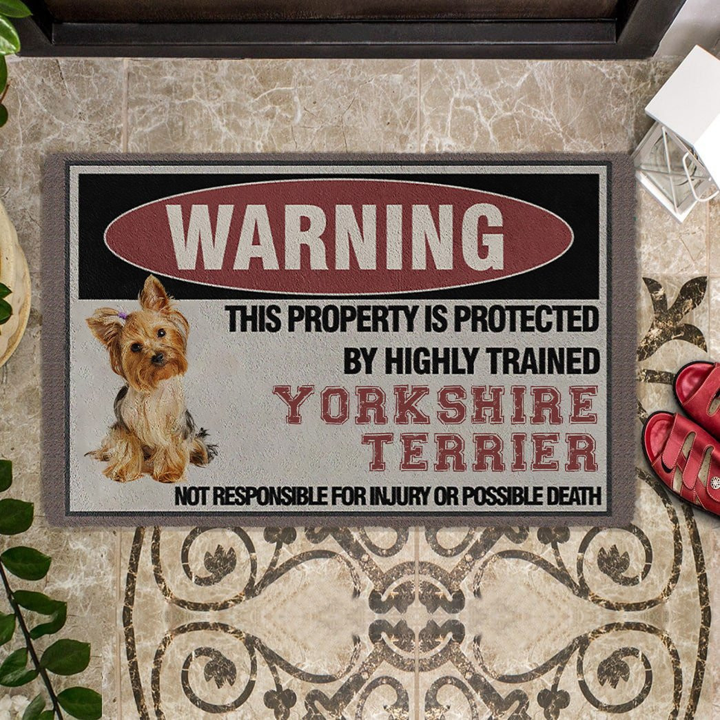 This Property Is Protected By Highly Trained Golden Yorkshire Terrier Doormat Dog Related Gifts