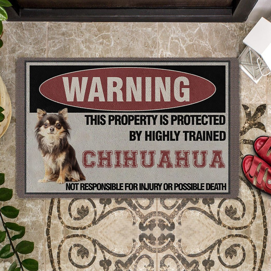 This Property Is Protected By Highly Trained Long Hair Chihuahua Doormat Dog Gift Items Merch