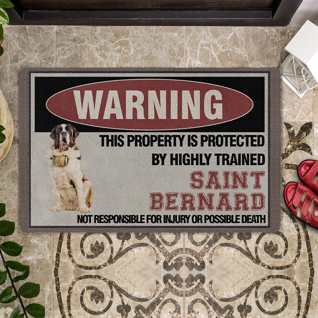 This Property Is Protected By Highly Trained Saint Bernard Doormat Cool Gifts For Dog Owners