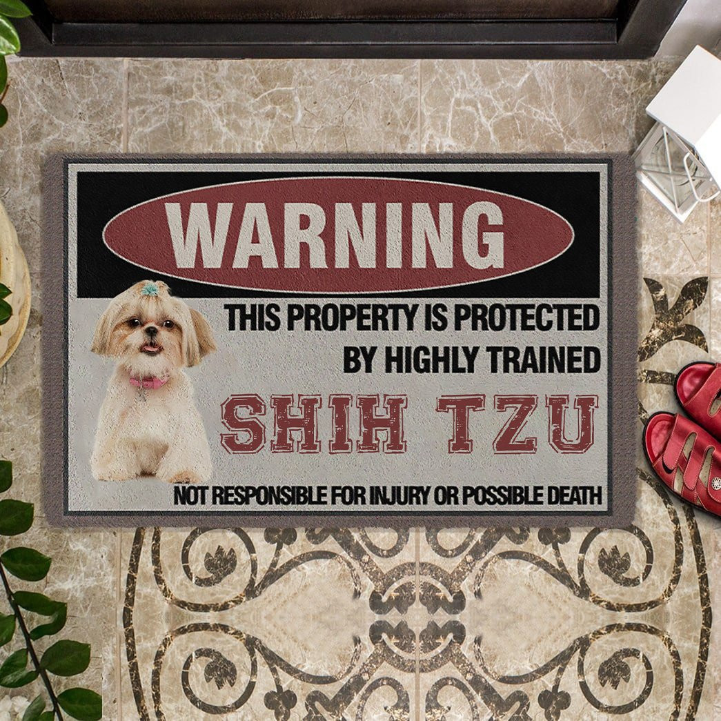 This Property Is Protected By Highly Trained Shih Tzu Doormat Shih Tzu Gifts For Dog Lovers