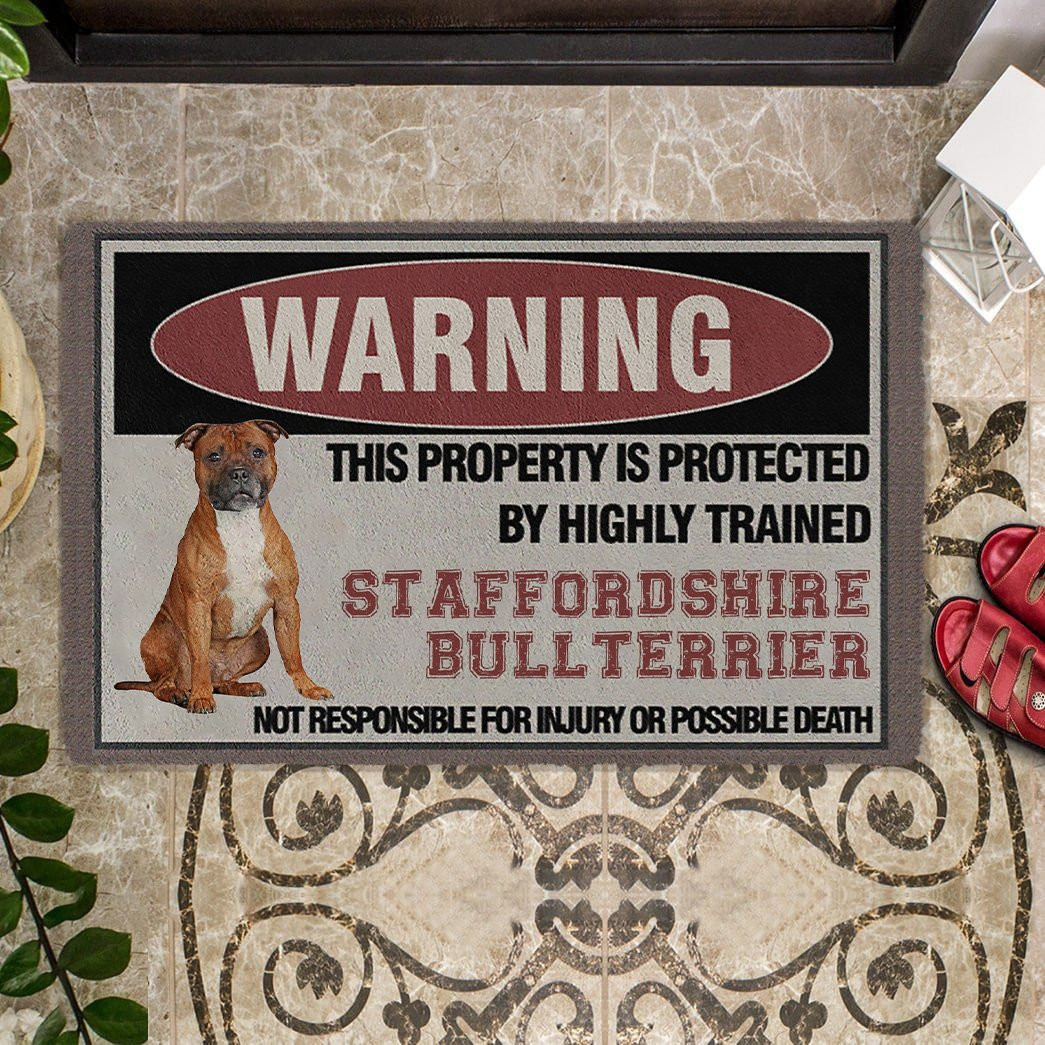 This Property Is Protected By Highly Trained Staffordshire Bull Terrier Doormat Gifts Pet Lovers