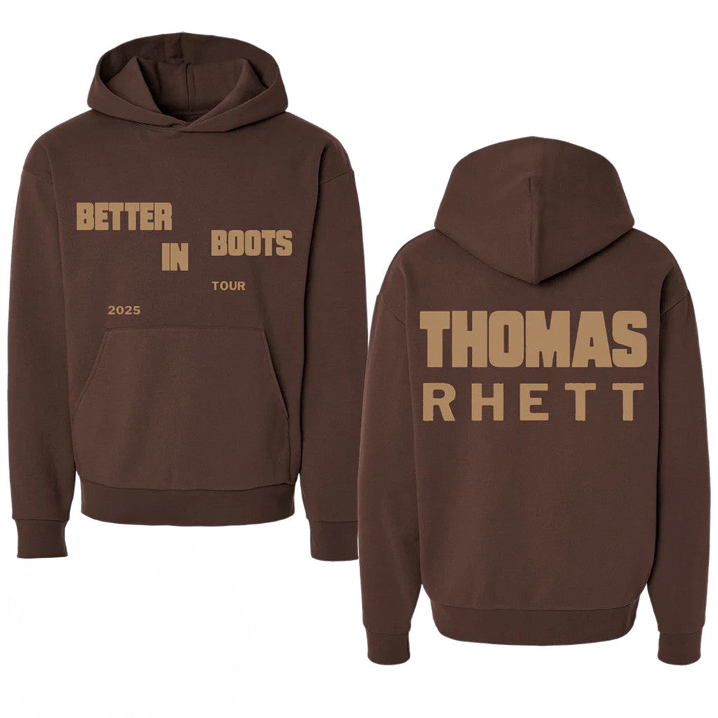 Thomas Rhett Merch Tour 2025 Staggered Better In Boots Brown Hoodie Music Lovers Gifts