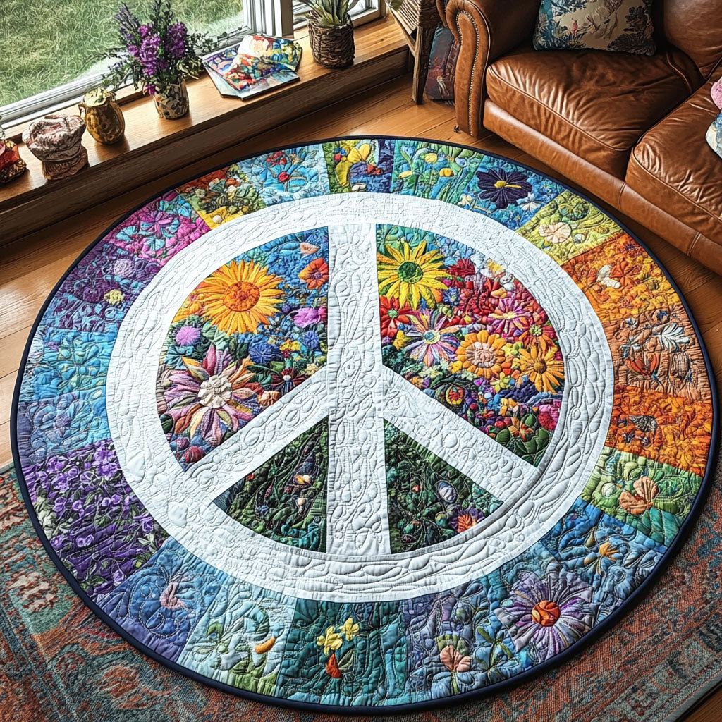 Threads of Peace Quilted Round Mat Christmas Entry Way Decor Gifts For Flower Enthusiasts
