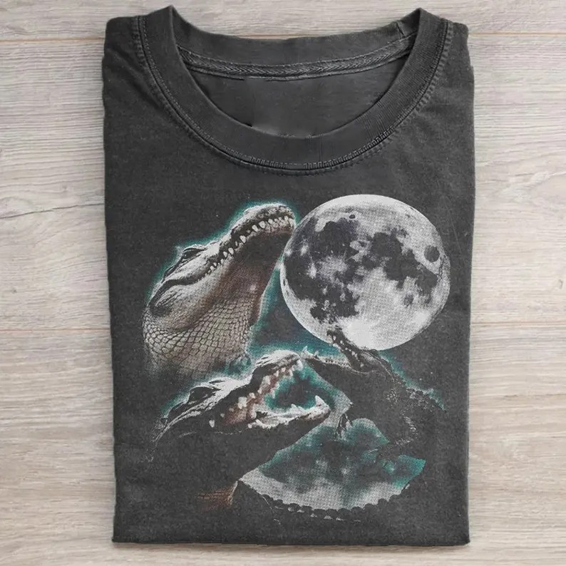 Three Alligator Moon T-Shirt Funny Reptile Parody Clothing Humorous Nature Lover Gift