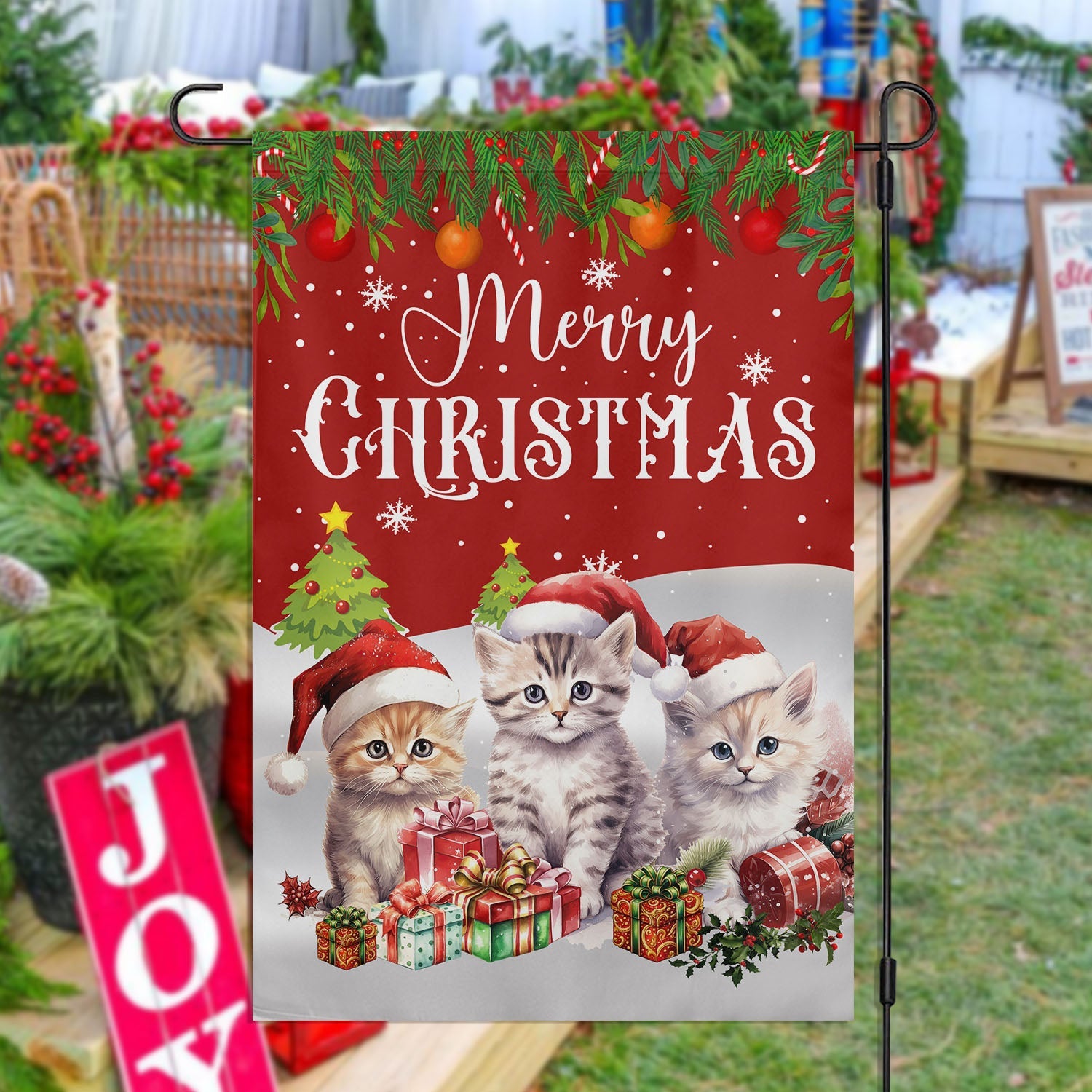 Three Baby Cats Wearing Hat Xmas Garden Flag Christmas Home Decor Gift For Cat Lovers