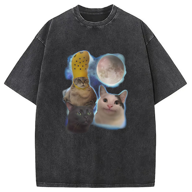 Three Cats Moon Washed T-Shirt Cool Graphic Tee For Men Women Gifts For Besties