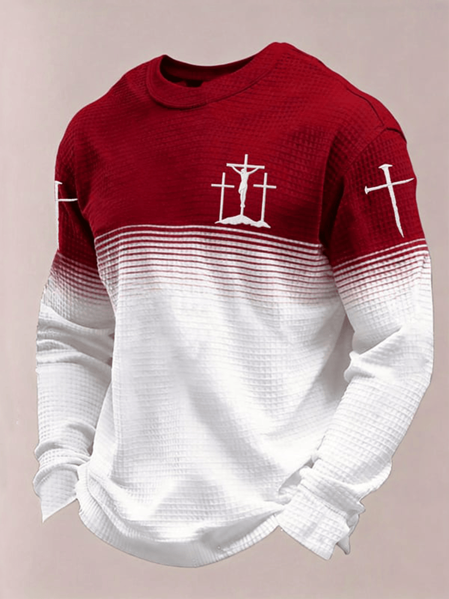 Three Cross Christian Waffle Long Sleeve Shirt Faith Religious Pullover Gift For Men Jesus Apparel