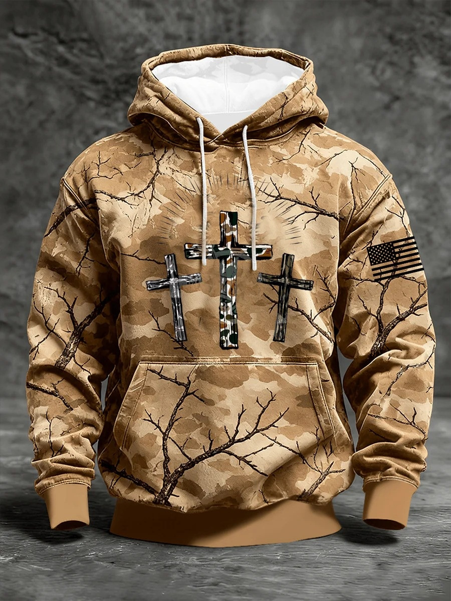 Three Crosses Desert Camo Hoodie Men Christian Patriot Apparel Graphic Hoodies Gift Ideas