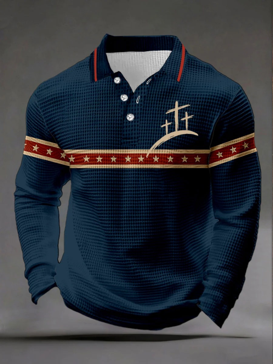 Three Crosses Patriotic Long Sleeve Polo Shirt Men Christian Faith Apparel Best Gift Ideas