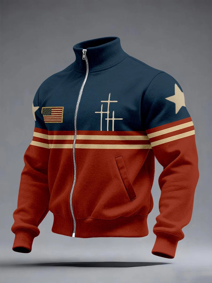 Three Crosses Stars American Zip Jacket Men Christian Patriot Faith Apparel Best Gift Ideas