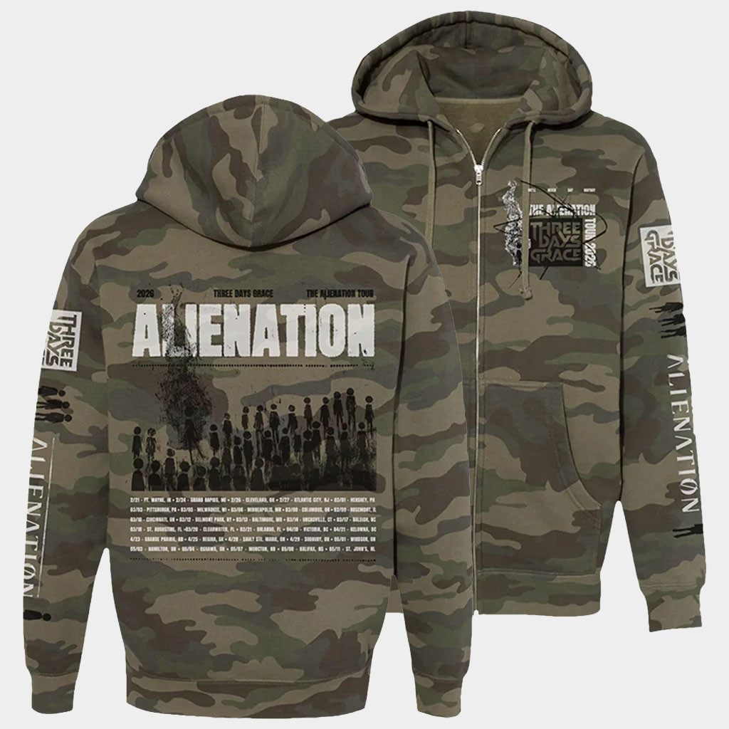 Three Days Grace Merch 2026 Alienation Tour Camo Zip Hoodie Gift Ideas For Rock Lovers