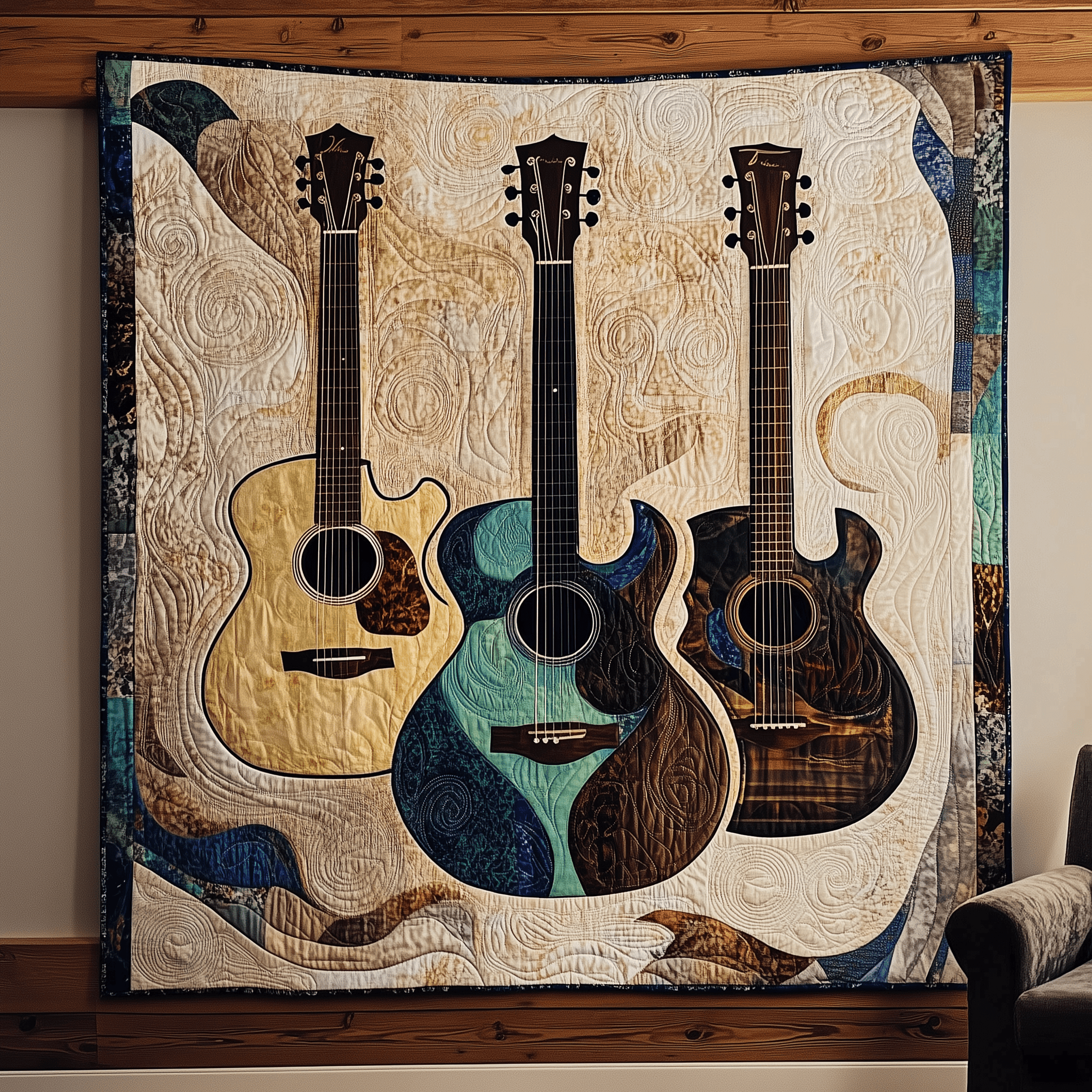 Three Guitars Quilted Blanket Merchandise Related Guitar Christmas Gift For Music Lovers