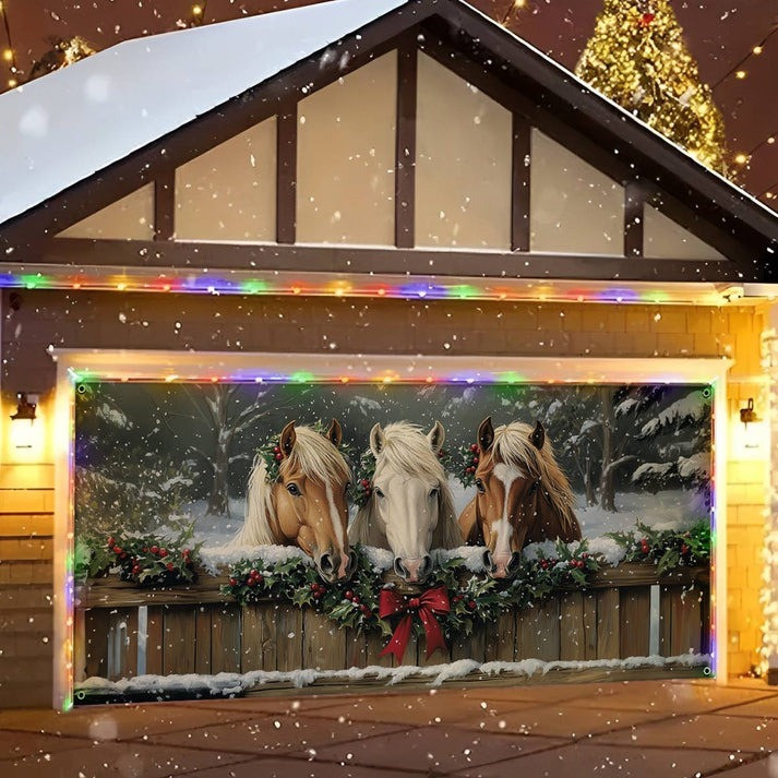 Three Horses With Wreaths Garage Door Cover Horses In Holiday Splendor Outdoor Decor Presents
