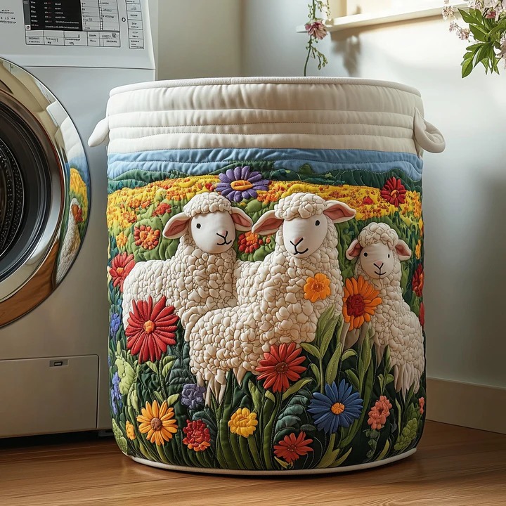 Three Sheep Wildflower Field Quilted Laundry Basket Farm Home Storage Best Gift For Sheep Lovers