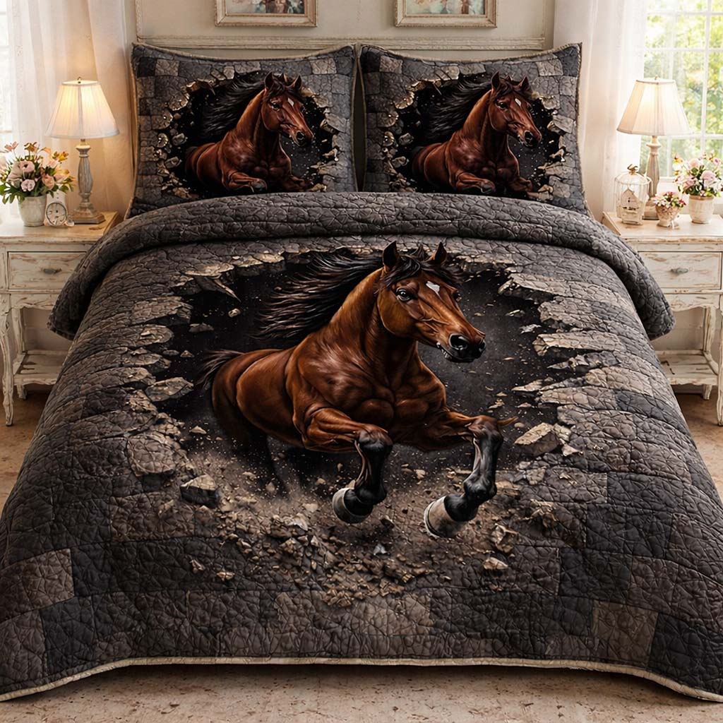 Thunder Run Horse Quilted Bedding Set Wild Horse Bedroom Decor Best Gift For Horse Lovers