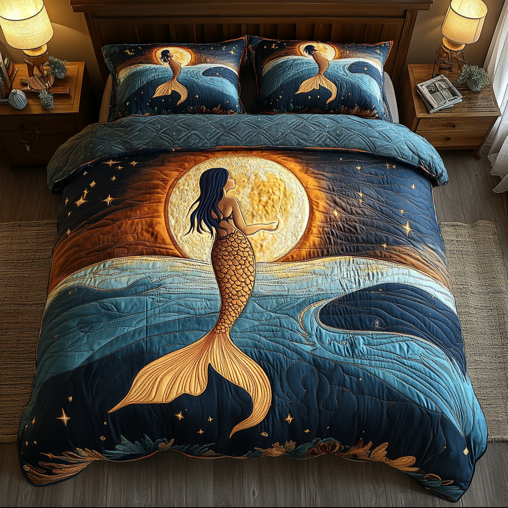 Tidal Beauty Quilted Bedding Set Cozy Bedroom Decor Best Gifts For Mermaid Lovers