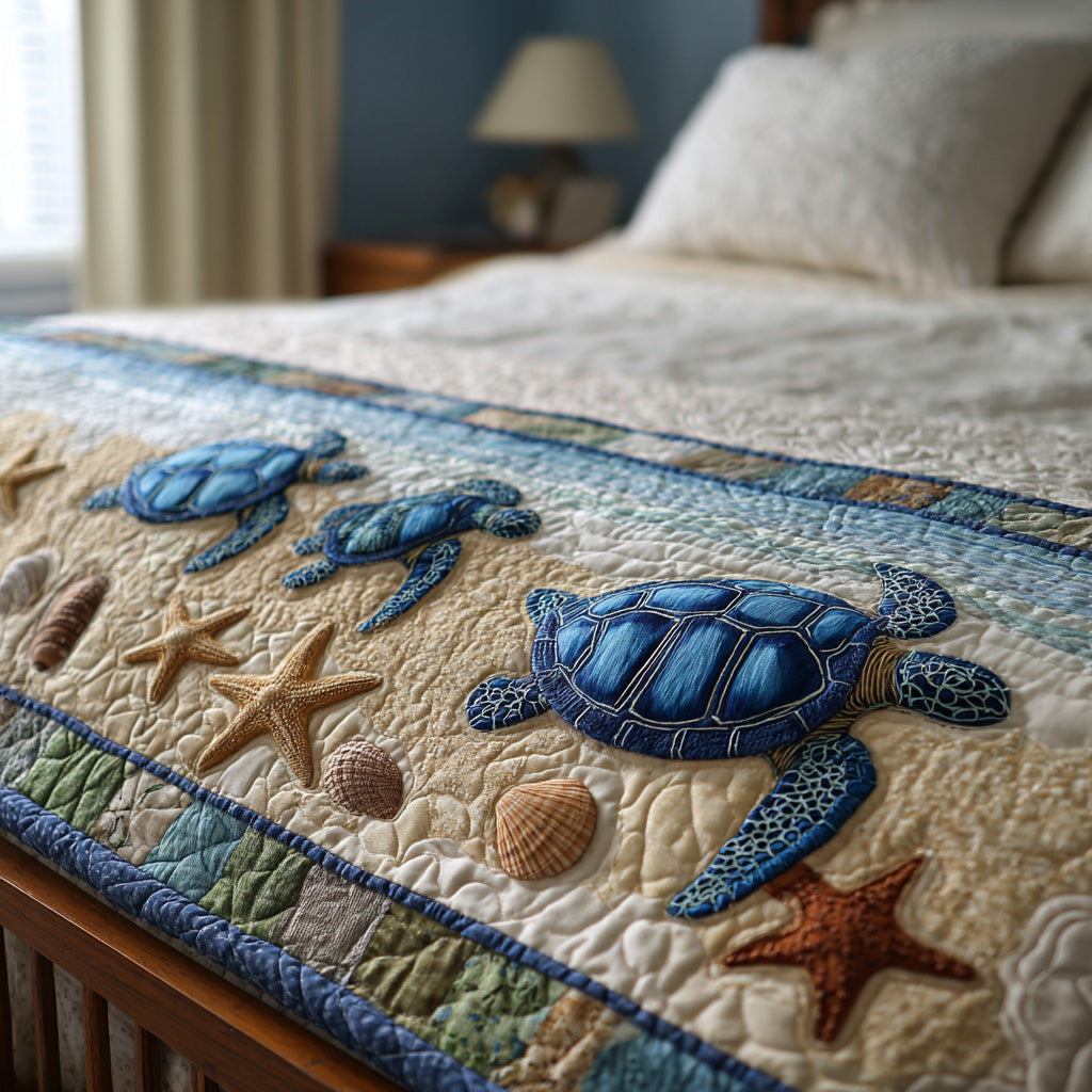 Tidal Grace Quilted Bed Runner Cozy Bedroom Decor Sea Turtle Gift Ideas For Her