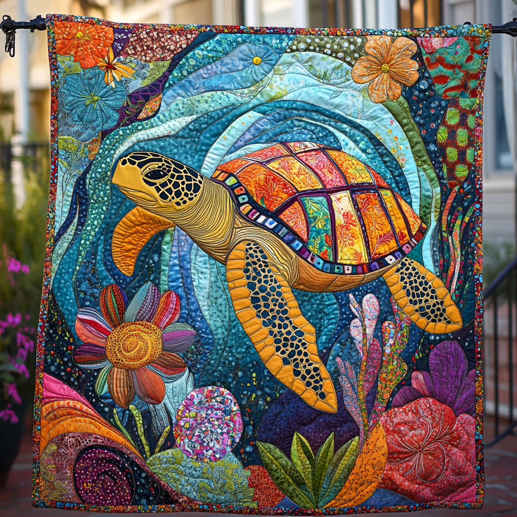 Tidal Serenity Quilted Blanket Presents For Turtle Lovers