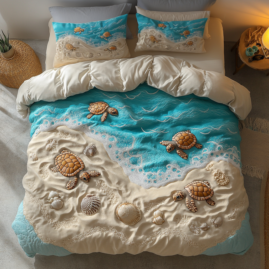 Tidal Wanderer Quilted Bedding Set Cozy Bedroom Decor Sea Turtle Gift Ideas