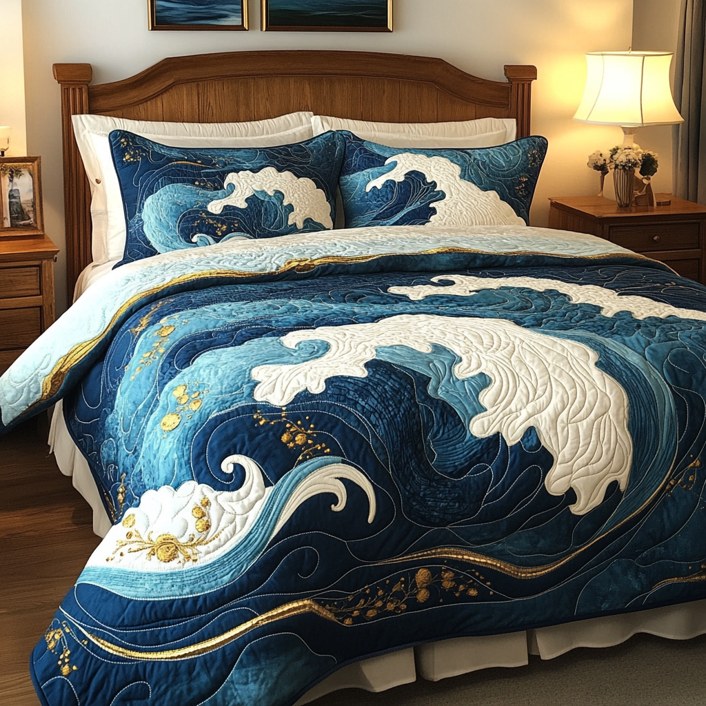 Tidal Wave Quilted Bedding Set Bedroom Decor Surfing Gifts For Dad