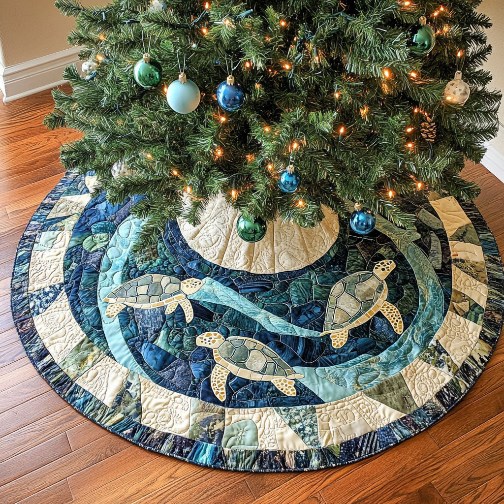 Tidings Turtle Quilted Christmas Tree Skirt Cozy Holiday Home Decor
