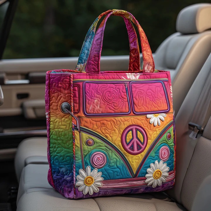 Tie Dye Hippie Van Quilted Tote Bag Rainbow Peace Daisy Bag Best Gift For Women