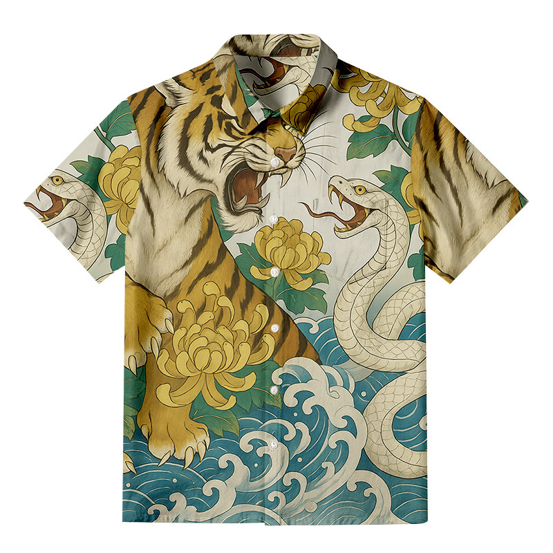 Tiger And Snake Fight Button Up Shirt Japanese Art Clothing Gifts For Snake Lovers