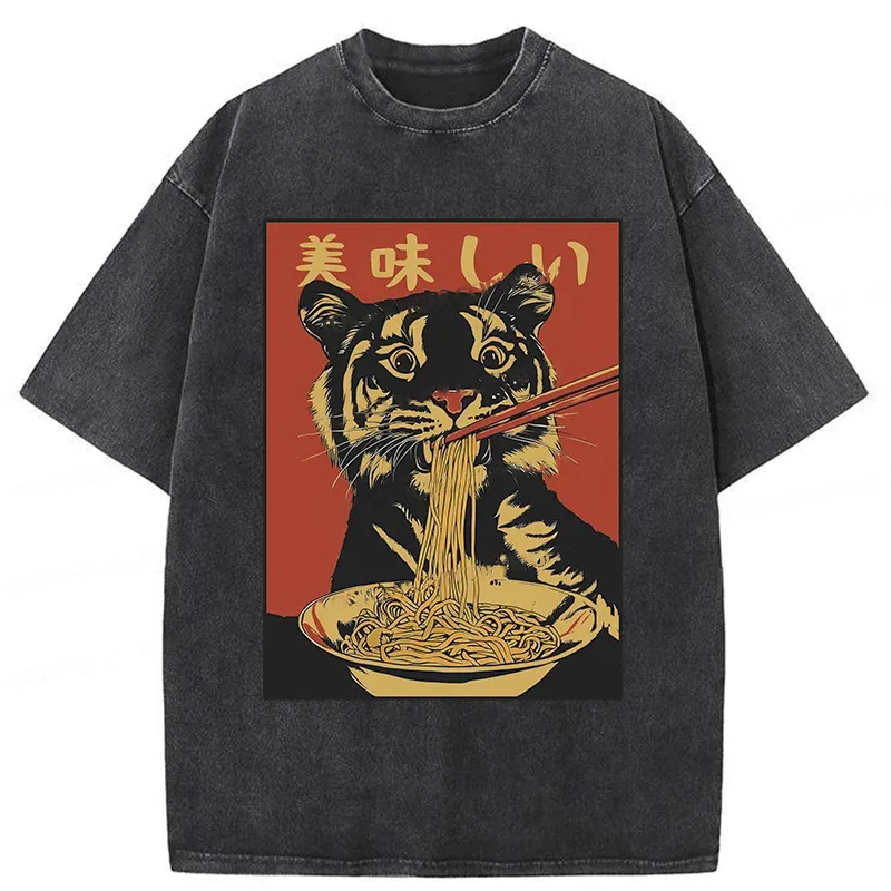 Tiger Eating Delicious Ramen Washed T-Shirt Retro Streetwear Graphic Top Gifts For Him